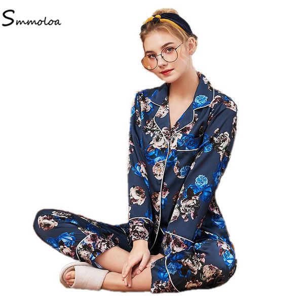 

smmoloa 2019 spring women comfortable silk pajama set girl print pyjama set long sleeve sleepwear, Blue;gray