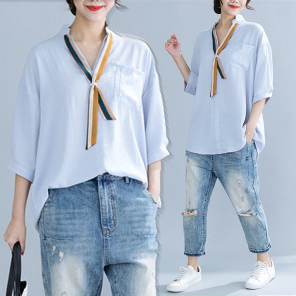 

big size summer women fashion elegant v neck bow ladies female plus large half loose blouse shirt blusas, White
