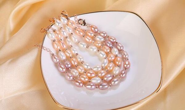 

100% natural freshwater pearl plating rose gold bracelet 7-8mm pearl beaded bracelet woman bracelet purple pink white mixed color, Black