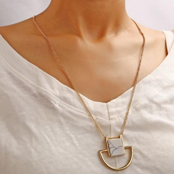

european and american new marble semicircle geometric pendant sweater chain creative retro simple necklace wholesale, Silver