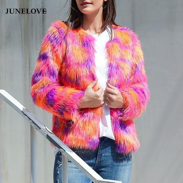 

junelove women winter gradual color warm coat vintage print female faux fur coat jackets casual street wear lady loose outwears, Black