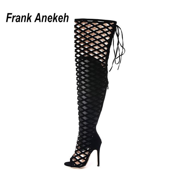 

thigh high gladiator sandals boots women peep toe netted cut-out over knee gladiator boots high heel sandal black lll