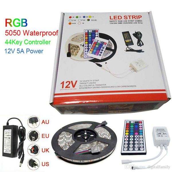 Led Strip Light RGB 5M 5050 SMD 300Led Impermeabile IP65 + Controller 44Key + Trasformatore di alimentazione Con scatola Regali di Natale Confezione al dettaglio