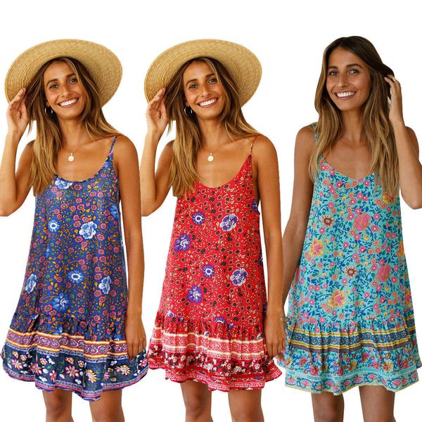 

2019 new style fashion women floral holiday cotton sleeveless loose print evening casual beach sun backless dress, Black;gray