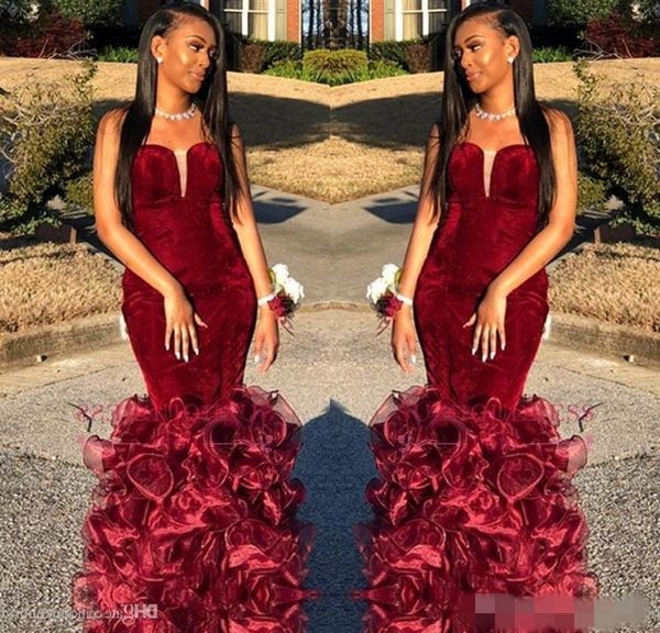 

2019 burgundy velvet prom dresses tiered skirt organza sweetheart neckline mermaid black girls formal occasion wear long evening party gown