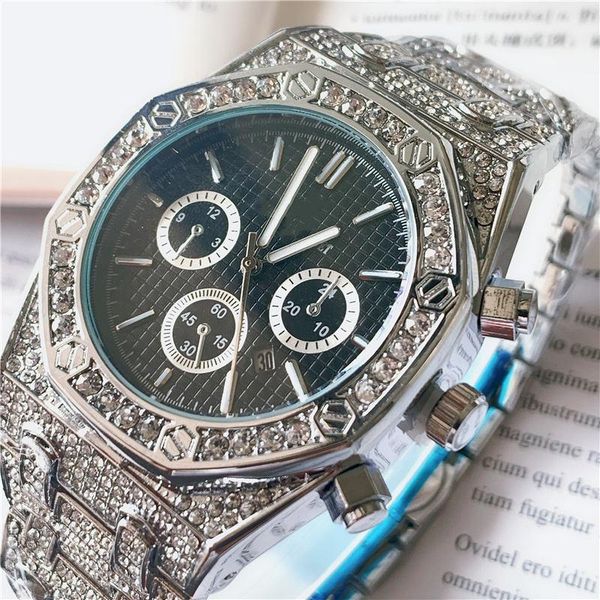 

fashion men diamond watches sport royal oak iced out watch sliver stainless steel designer wristwatch movement 42.5mm clock montre de luxe, Slivery;brown
