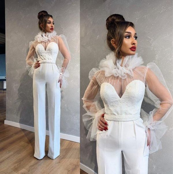 Illusion eleganter Prom -Overallgürtel Neue arabisch hohe Nacken Langarm Rüschen Spitzenfleck Frauen OCN Abendkleid mit Hosenanzug