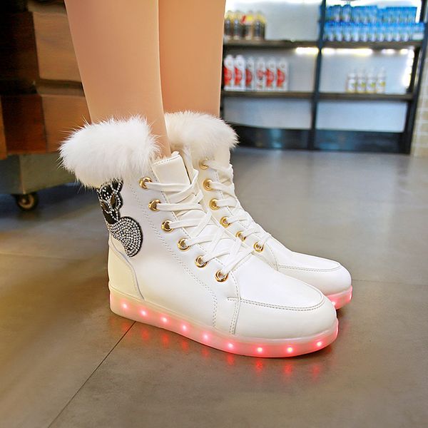 

women led luminous boot shoes fashion fur winter boots light up casual usb charge new simulation sole women sneakers, Black