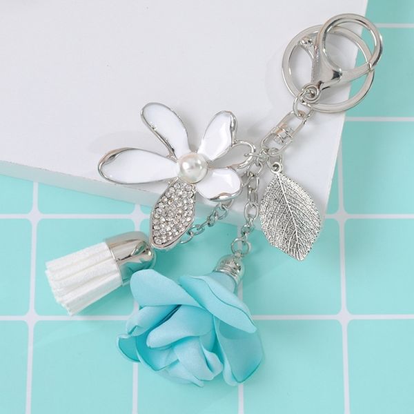

rhinestone cloth flower keychains tassel leaf key chain imitation pearl key rings holder fashion women girls lady keyring charm for bag cars, Slivery;golden