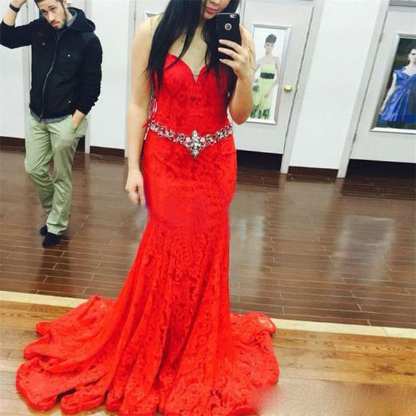

beading belt sweetheart mermaid lace prom dresses long back evening party gowns lace vestidos de noiva, Black;red