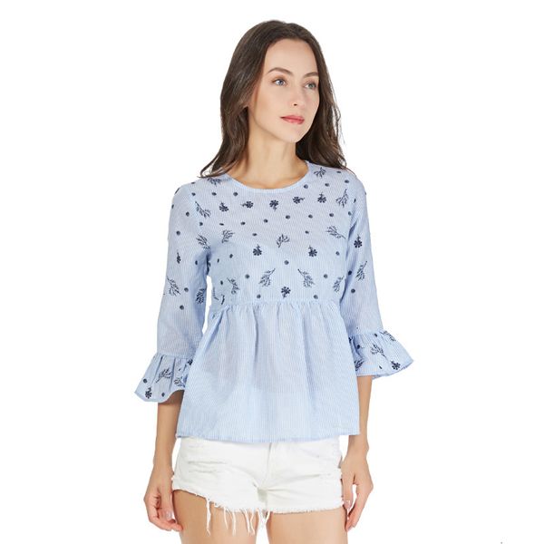 

blouses for women designer sweet ruffled flutter sleeve floral striped pleated shirts bell sleeve cute ladies casual blusas, White