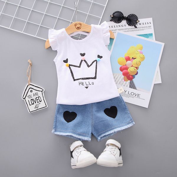 

toddler girls clothes set summer cartoon children clothes t-shirt+shorts tracksuit suit kids clothes for baby outfit 1 2 4 year t200707, White