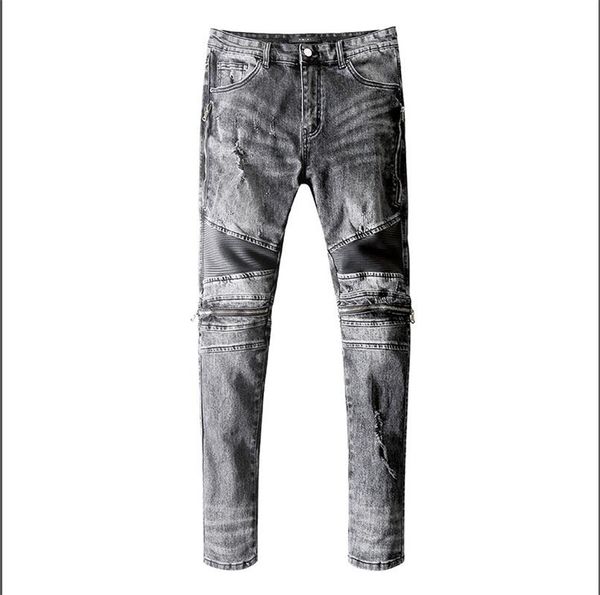 

men's designer brand jeans classic hip hop pants designer zipper jeans distressed ripped biker jean slim fit denim jeans firmati da uom, Blue