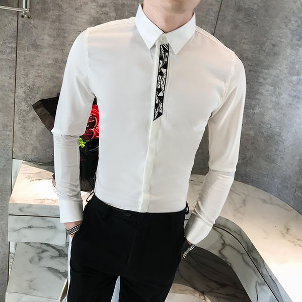 

осень мода вышивка мужчины рубашка полный отложной воротник однобортный рубашка высокого качества твердые хлопка non-iorning мужчины, White;black