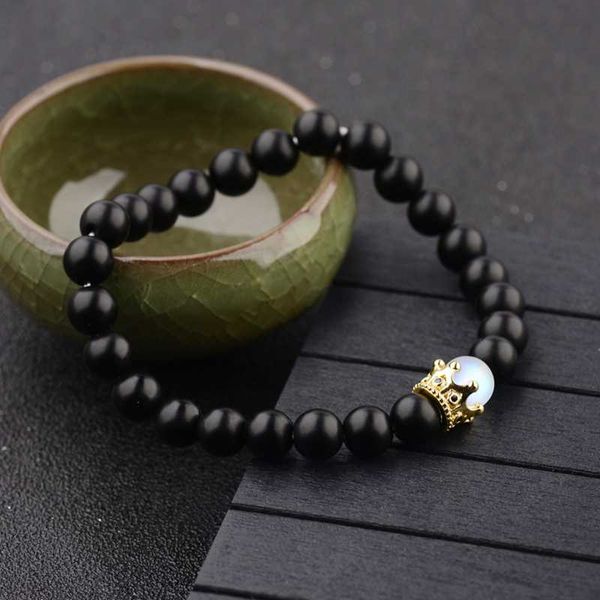 

black matte stone copper bead bracelet elastic rope bead cz ball,leopard,skull,crown bracelet for men women classic round alloy