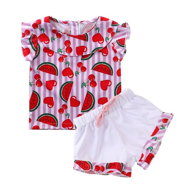 

1-6y toddler kids baby girls clothes sets children girls watermelon print sleeveless t-shirts+bottom shorts sportwear outfits, White