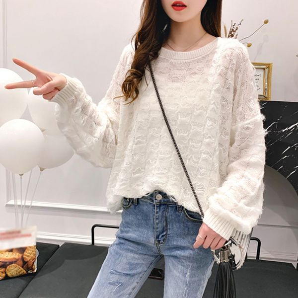 

autumn loose casual sweater women o neck hollow elegant sweater female pullovers, White;black