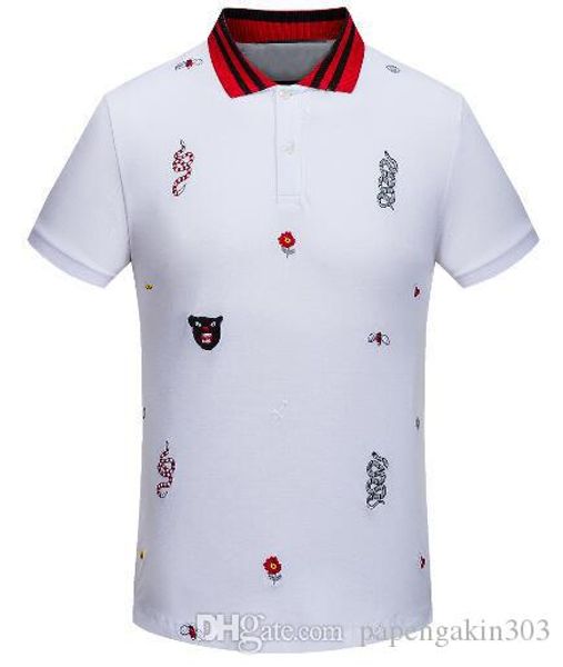 

milan fashion men polo shirt leopard/snake/bee/flower printed short sleeve cotton sport polos tees white black m-xxxl