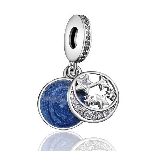 

925 sterling silver vintage night sky dangle charm with midnight blue enamel & cz fit pandora charms bracelet diy jewelry accessories, Black