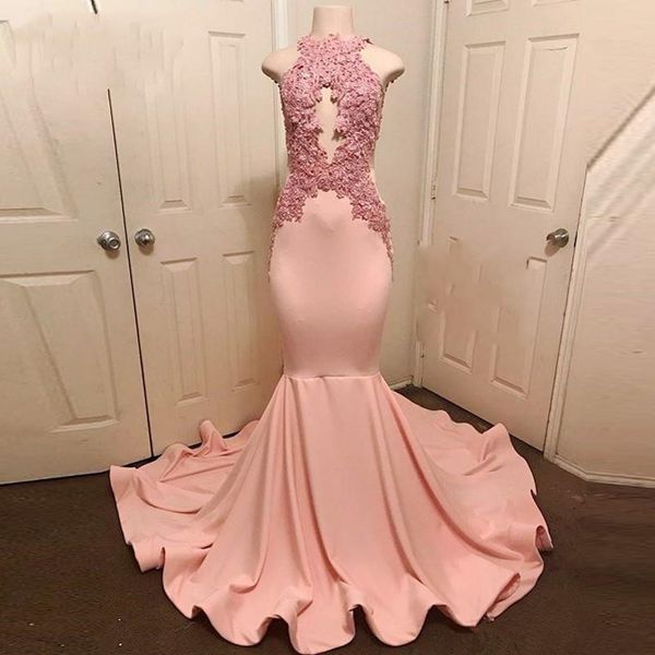 

high neck peach pink mermaid evening dresses 2019 keyhole hollow out ruffles train long prom gowns vestidos bc1159
