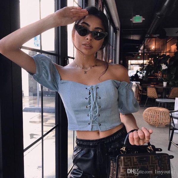 

summer wild denim vest lantern sleeves word shoulder short jacket women's straps exposed navel t-shirt casual, White