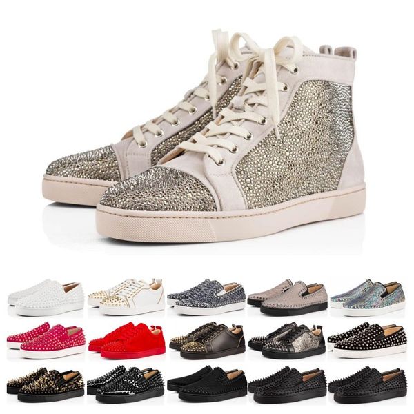 

drop shipping designer red bottoms shoes studded spikes flat sneakers men women glitter party lovers genuine leather casual rivet sneaker, Black