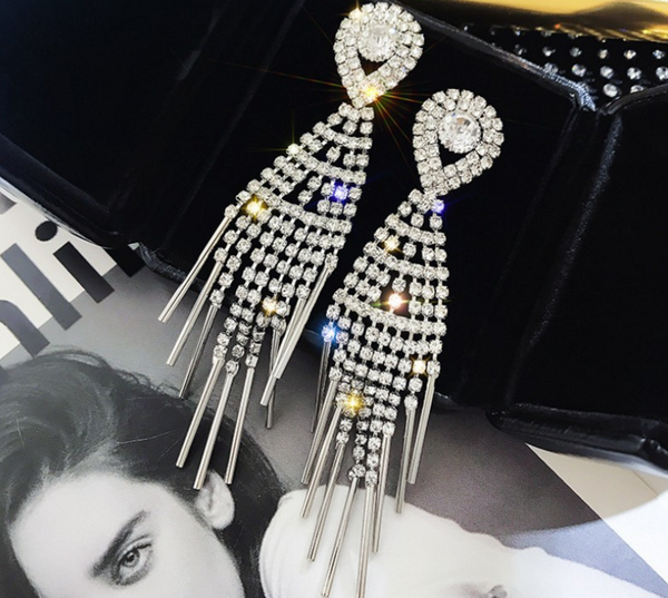 

luxury women long tassel water drop crystal earring exquisite gold silver color rhinestone earrings wedding bride jewelry, Golden;silver