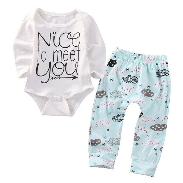 

малышей детские мальчик девочка одежда для новорожденных, топ, приятно познакомиться комбинезон+цветочные брюки леггинсы наряд комплект 0-24, Pink;blue