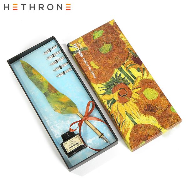 

hethrone blue vintage innovation handmade wood carving dip pen writing caligraphy metal stem pen ink dip beginner gift set