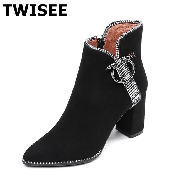 

women ankle boots new style metal decoration warm point toe pumps woman party shoes kid suede comfort fashion solid, Black