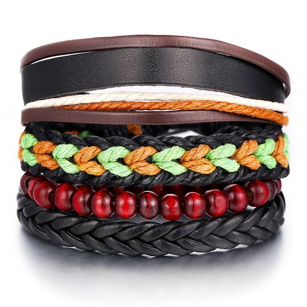 

new ethnic 4 pieces / set of wooden beads charm hand-woven men's leather bracelet female retro bracelet fashion jewelry vb1010, Golden;silver
