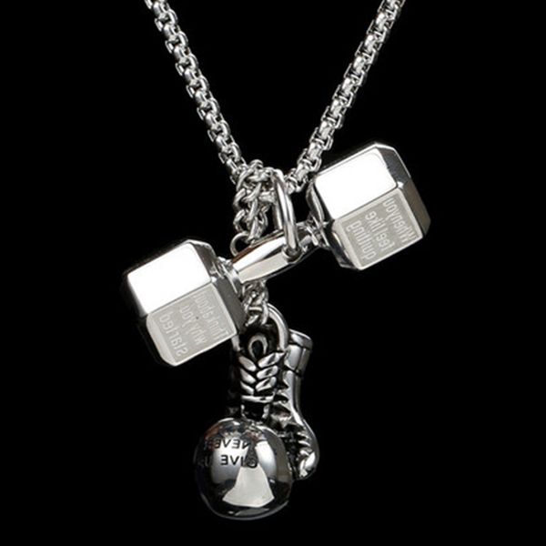 

barbell boxing gloves necklace pendant mens stainless steel necklace silver multiple jewelry for neck male accessories