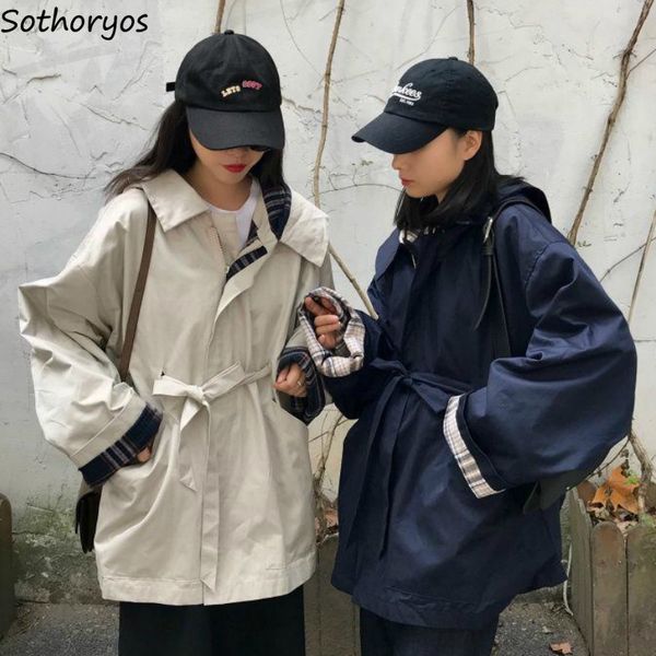 

women's trench coats women hooded plaid adjustable waist oversize loose trendy harajuku casual safari style streetwear womens ulzzang, Tan;black