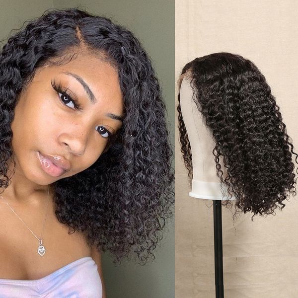 

linksbeauty short bob kinky curly 180 density lace front human hair wig pre plucked brazilian frontal natural deep wave wigs, Black;brown