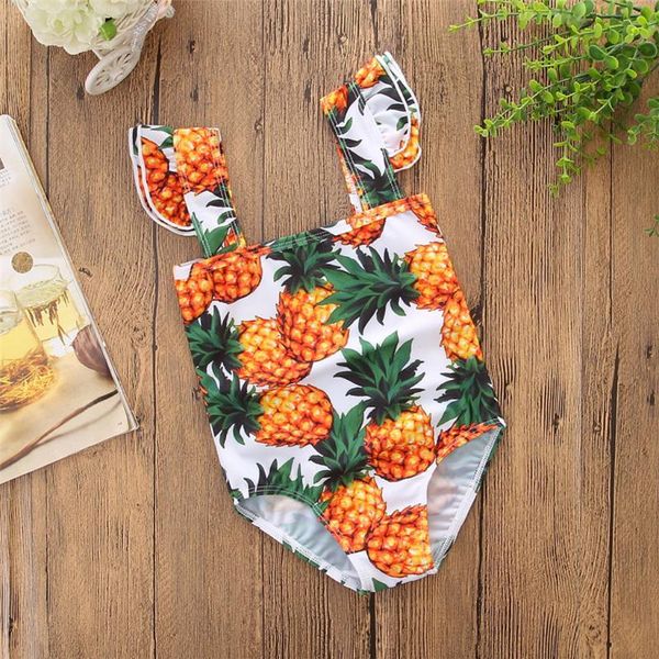 

children girl family swimwear matching swimwear ruffle pineapple print one-piece beach bathing print swimsuit #5.13