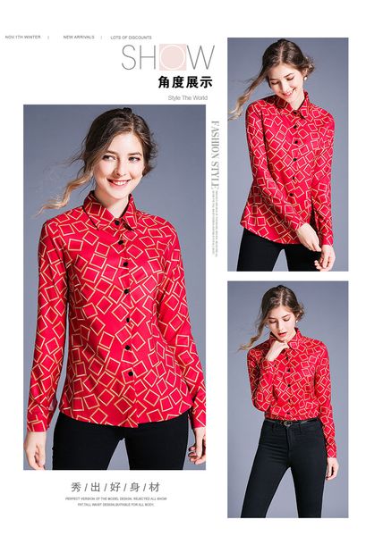 

luxury spring fall red geometric printed shirts runway women's long sleeve lapel neck blouses office lady business elegant slim shirt, White
