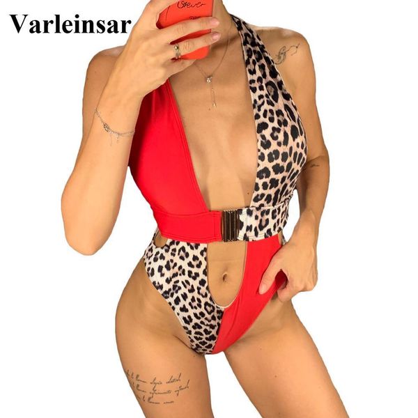 

new 2019 women swimwear deep v neck high waist one piece swimsuit female splicing bather halter bathing suit swim v1356, White;black