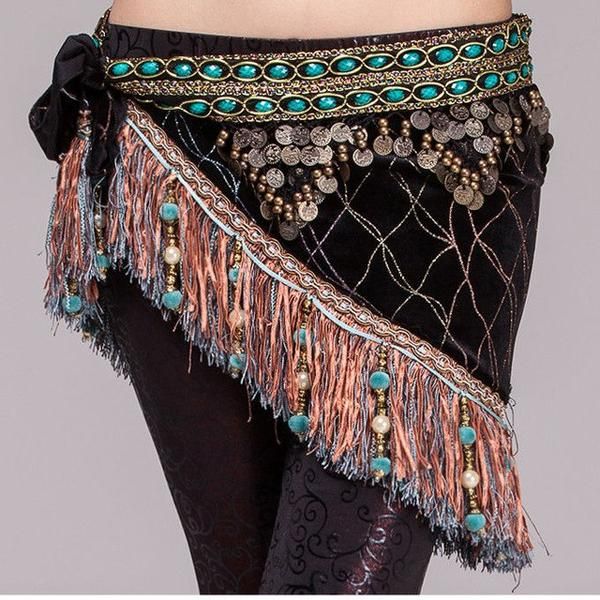 

women belly dance clothes velvet half circle gypsy costume fringe hip scarf with coins tribal belly dance belt, Black;red