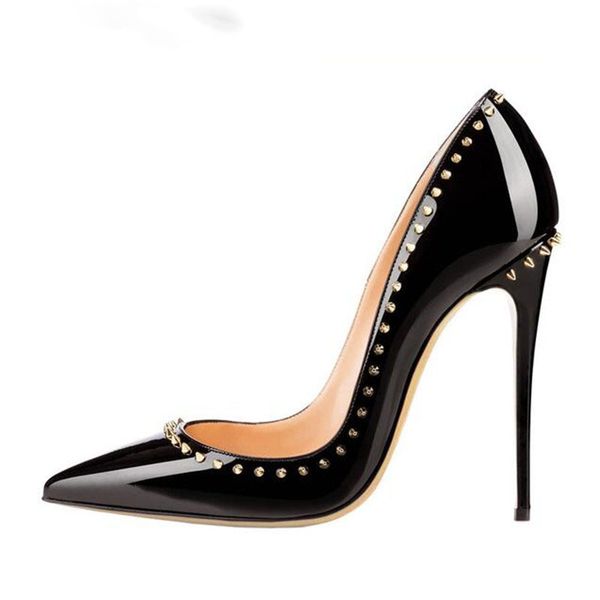 

selling women metal rivets studs opening shiny leather pointed toe pumps ladies party dress high heels shoes stilettos, Black