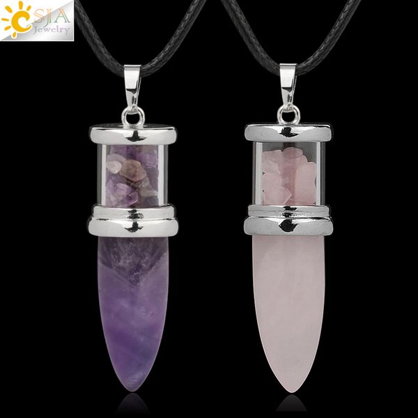 

csja bullet shaped pendants natural stone pink quartz purple crystal necklaces wishing bottle cone reiki pendulum women men g284, Silver