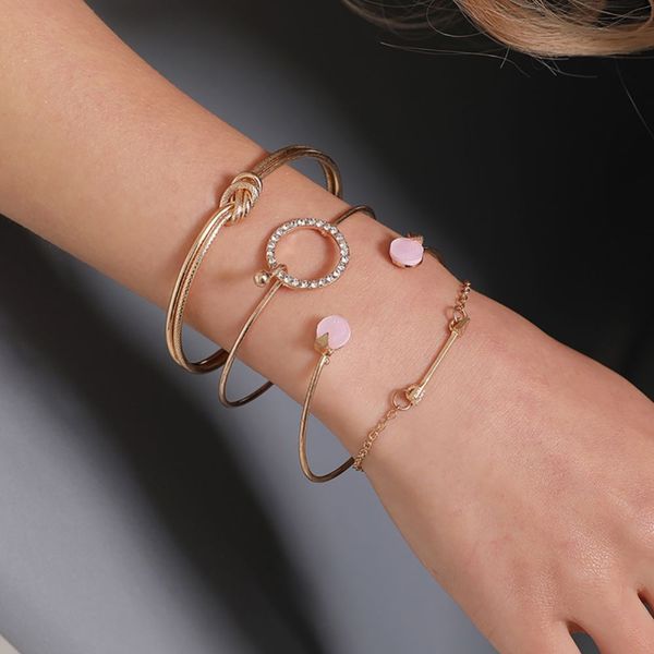 

4pcs/set women's fashion rhinestone knot circle arrow open bracelet, White