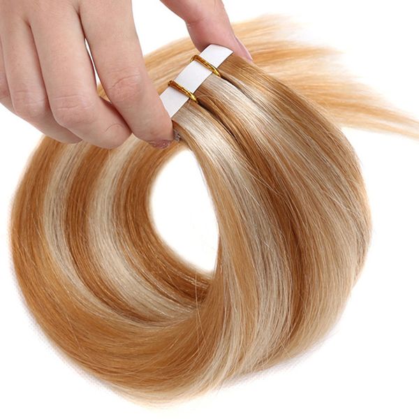 

quality 9a--handtied tape in hair extension brazilian remy human hair piano color 18/613 2.5 per piece & 40 pieces per lot, Black