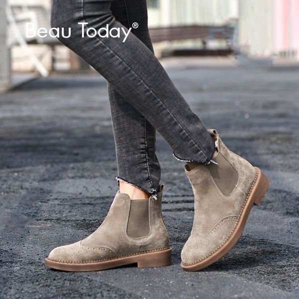 

beautoday boots women elastic ankle pig suede brogue boot genuine leather quality lady shoes handmade 04016, Black
