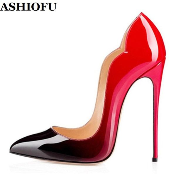 

ashiofu new style handmade ladies 12cm high heel pumps pointed shallow wavy-style stiletto shoes party prom fashion court shoes, Black