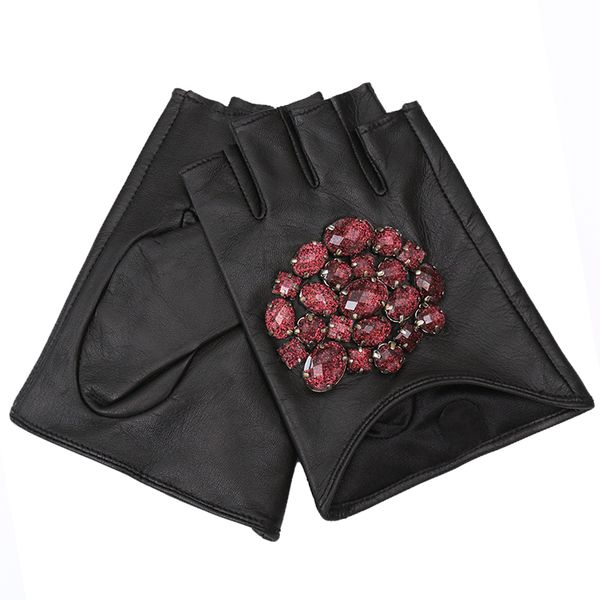 

gours fall and winter women' genuine leather gloves black goatskin stone half-finger gloves new fashion warm mitten gsl011, Blue;gray