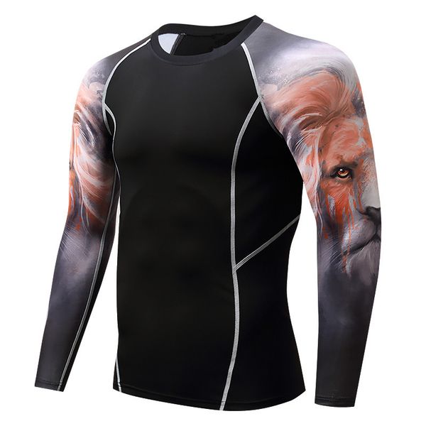 

men lion head sports tights bodybuilding long-sleeve fitness clothing running basketball training pro quick drying clothes, White;black