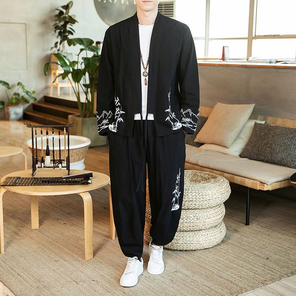 

japanese streetwear long sleeve kinomo shirt+pants 2pcs set men hip hop chinese bamboo printed tracksuit men casual spring sets, Gray