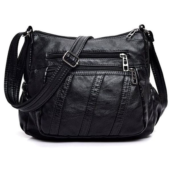 

fashion women crossbody bag black soft washed leather shoulder bag patchwork messenger small flap for girls black stri