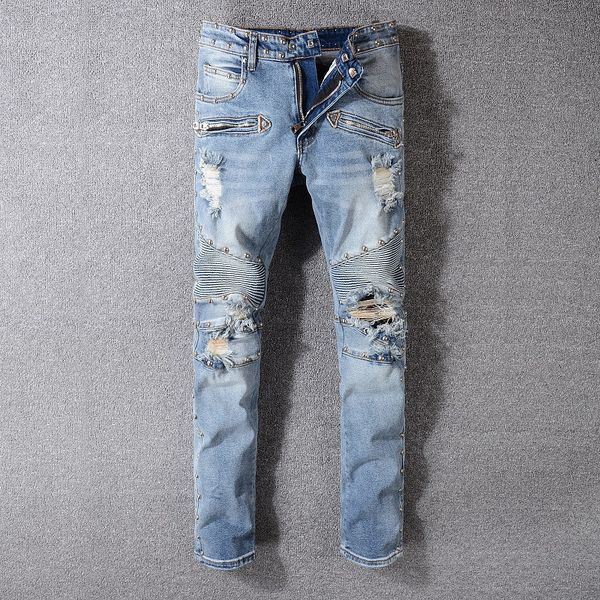 

Fashion Brand Mens Designer Jeans BLA Pleated Luxury Beaded Zipper Fly Jeans Light Blue Casual Pants