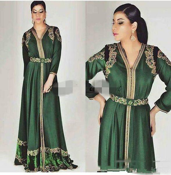 Esmeralda verde marroquino caftan manga longa vestidos de noite personalizados fazer ouro bordado kaftan dubai abaya árabe noite vestido de desgaste 4000